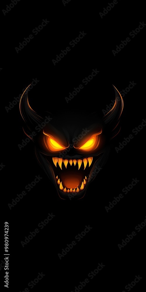 A menacing demon face with glowing orange eyes and sharp teeth against a black background, perfect for horror-themed projects. A menacing demon face with glowing orange eyes and sharp teeth against a black background, perfect for horror-themed projects.
