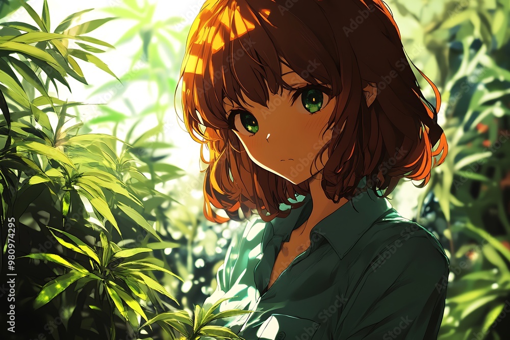 Anime Girl with Green Eyes and Orange Hair in a Lush Green Forest. Anime Girl with Green Eyes and Orange Hair in a Lush Green Forest.