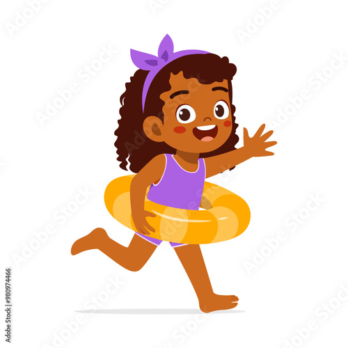 little kid running and wear swim ring