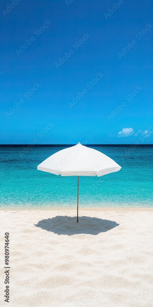 A serene beach scene featuring a white umbrella casting a shadow on the soft sand, with a vibrant blue ocean and sky. A serene beach scene featuring a white umbrella casting a shadow on the soft sand, with a vibrant blue ocean and sky.