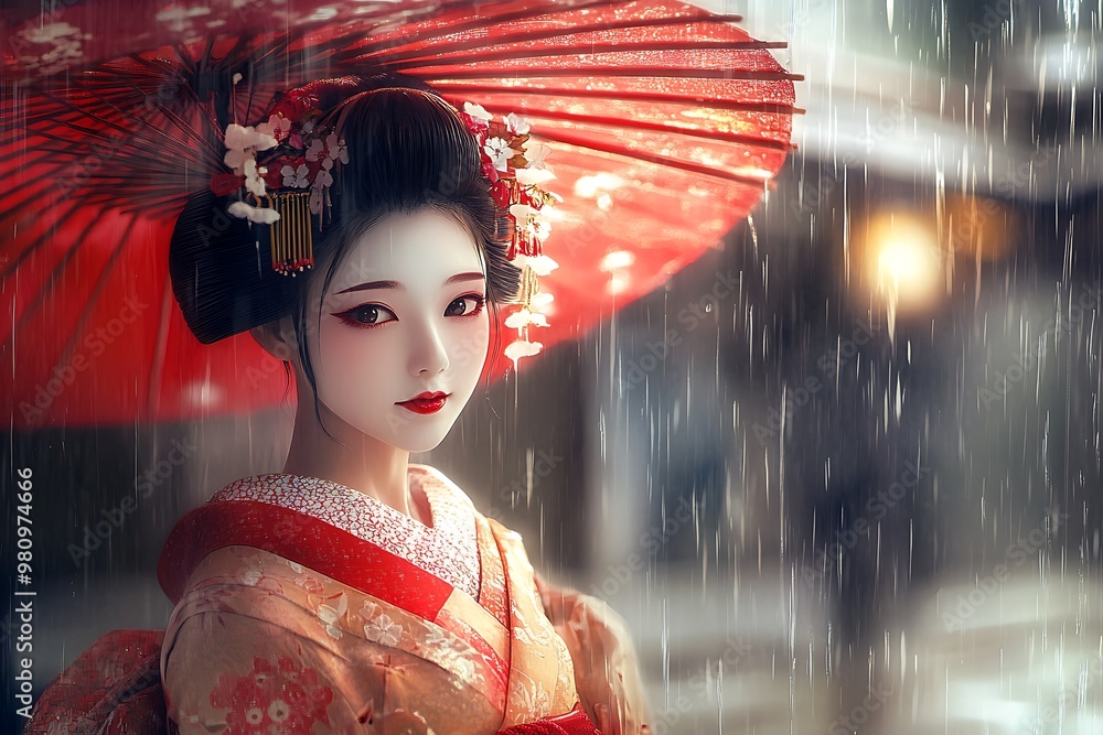 Beautiful Geisha in Traditional Kimono, Standing Under a Red Umbrella in the Rain.