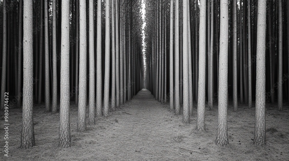 A serene black and white forest showcasing tall trees aligned in a tranquil path, inviting exploration and contemplation. A serene black and white forest showcasing tall trees aligned in a tranquil path, inviting exploration and contemplation.