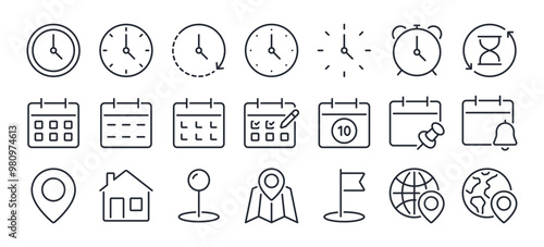 Time, date and location editable stroke outline icons set isolated on white background flat vector illustration. Pixel perfect. 64 x 64