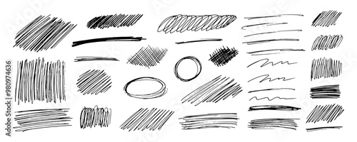 Hand drawn pencil scribble lines and grunge crosshatch collection isolated on white background.