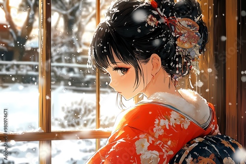 Anime Girl in Kimono Gazing Out Window During Snowfall. photo