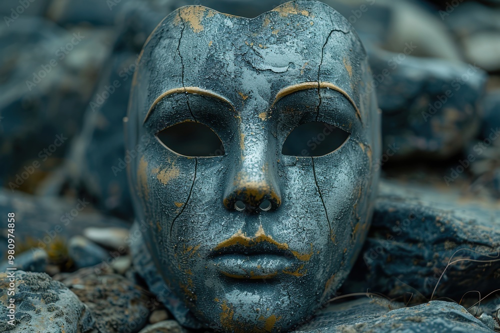 A weathered and intricately detailed metallic mask with a haunting expression lies on a surface of rough, uneven stones, evoking a sense of mystery and ancient craftsmanship A weathered and intricately detailed metallic mask with a haunting expression lies on a surface of rough, uneven stones, evoking a sense of mystery and ancient craftsmanship