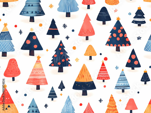 Seamless Flat Vector Illustration of Upcycled Fabric Christmas Trees Pattern: Vibrant, Eco-Friendly Design for a Zero Waste Holiday Season