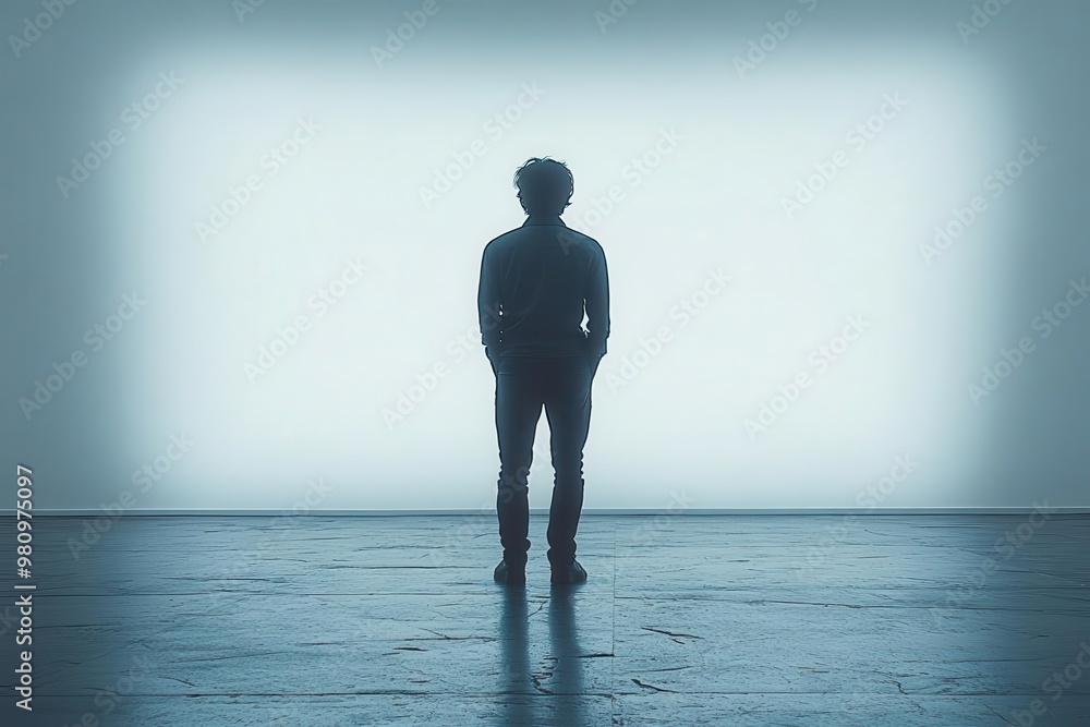 silhouette of young man walking away viewed from behind crisp white ...