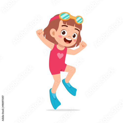 little kid wear swim goggles and fin while jumping
