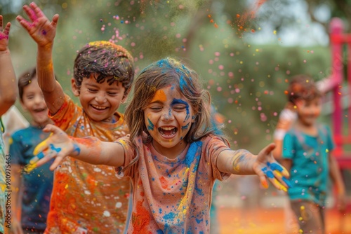 children playing with Holi colors in a park or playground