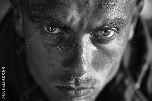 A close-up black and white photograph of an intensely focused person's face, with sweat and dirt highlighting the determination and strength in their expression