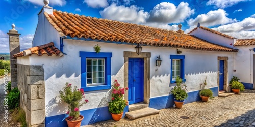 Fototapeta Naklejka Na Ścianę i Meble -  Traditional Portuguese house with whitewashed walls, blue trim, and tiled roof in a picturesque village