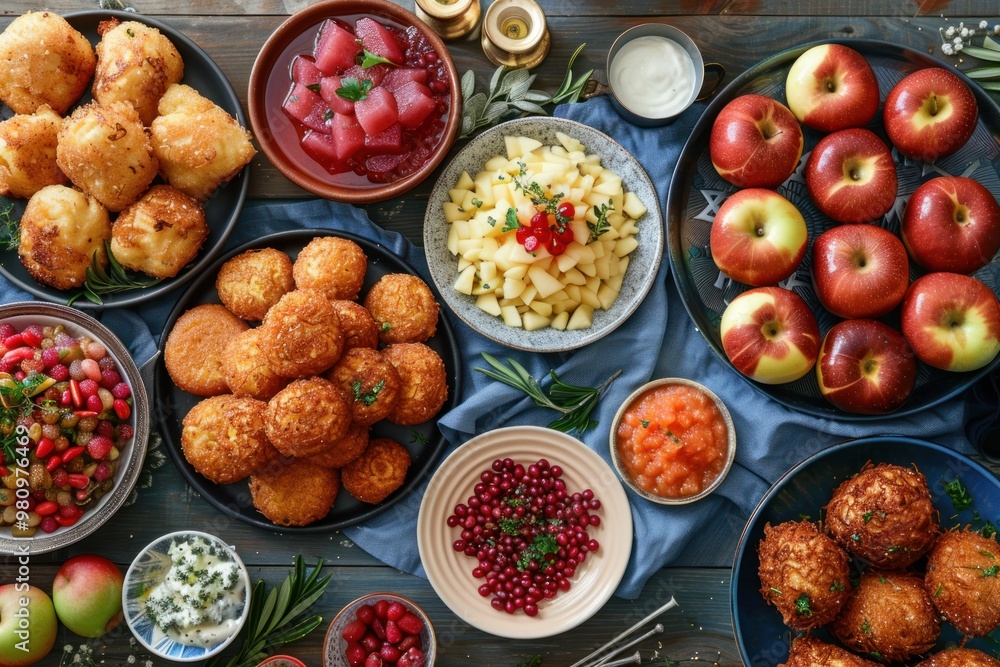 spread of traditional Hanukkah foods on a festive table spread of traditional Hanukkah foods on a festive table