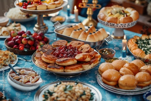 spread of traditional Hanukkah foods on a festive table