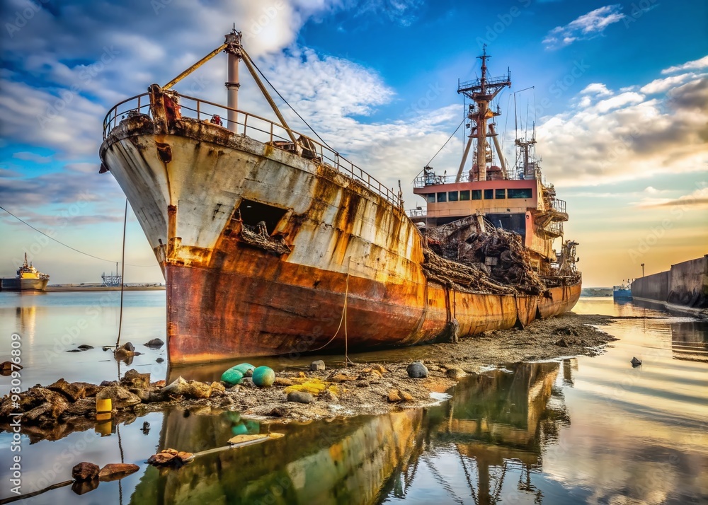 Fototapeta premium Rust-covered cargo vessel with peeling paint, creaky machinery, and tangled ropes, anchored in murky waters, surrounded