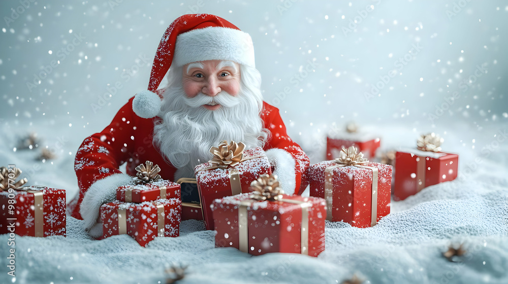3D Santa Kneeling Beside Beautifully Wrapped Gifts in Serene Snowy Landscape - Perfect for Holiday Advertising and Seasonal Promotions 3D Santa Kneeling Beside Beautifully Wrapped Gifts in Serene Snowy Landscape - Perfect for Holiday Advertising and Seasonal Promotions