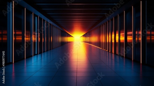 Wallpaper Mural Futuristic hallway with a mesmerizing sunset, modern architecture and reflections creating a surreal ambiance. Torontodigital.ca