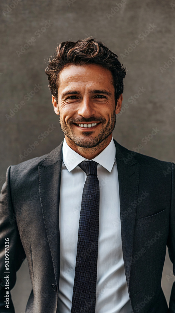 Successful businessman exuding confidence and professionalism in suit and tie, smiling against gray background as a leader in the corporate world and finance industry Successful businessman exuding confidence and professionalism in suit and tie, smiling against gray background as a leader in the corporate world and finance industry