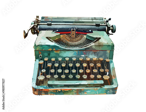 Vintage green typewriter isolated on white background, with aged, distressed paint, representing the beauty of vintage and antique writing tools