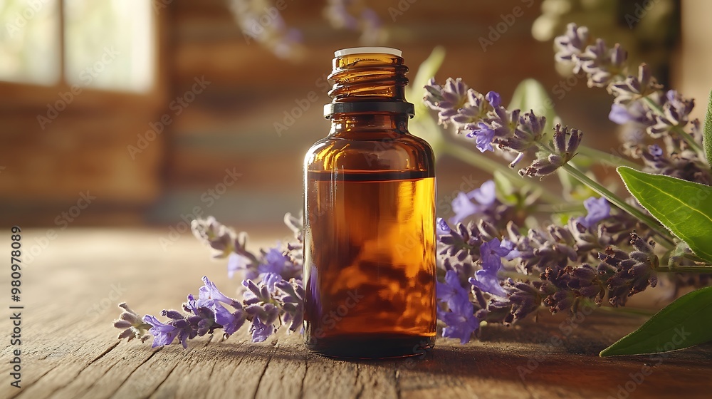 A brown glass bottle surrounded by lavender flowers, suggesting essential oil or aromatherapy use. A brown glass bottle surrounded by lavender flowers, suggesting essential oil or aromatherapy use.