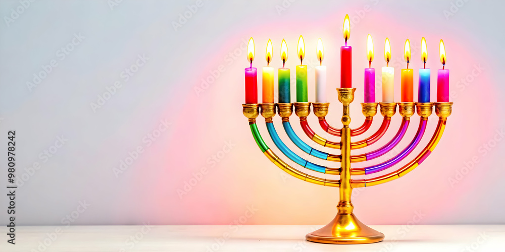 Vibrant Flat Glowing Menorah with Candles � Abstract Digital Art for Hanukkah Celebrations, Perfect for Festive Ads and Spiritual Themes Vibrant Flat Glowing Menorah with Candles � Abstract Digital Art for Hanukkah Celebrations, Perfect for Festive Ads and Spiritual Themes