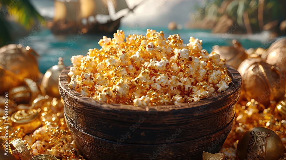 Golden popcorn overflowing from a wooden bowl amidst treasure on a tropical beach Golden popcorn overflowing from a wooden bowl amidst treasure on a tropical beach