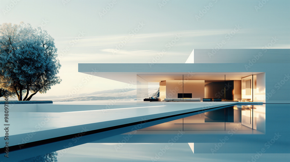 Fototapeta premium Modern architecture outdoor design hotel restaurant white minimalist style Nordic style digital art illustration