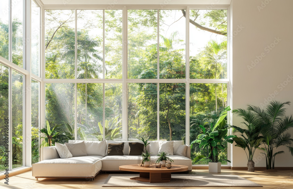 A large living room with floor-to-ceiling windows, a sofa and coffee table, a tropical forest outside the window, white walls, light wood floors A large living room with floor-to-ceiling windows, a sofa and coffee table, a tropical forest outside the window, white walls, light wood floors