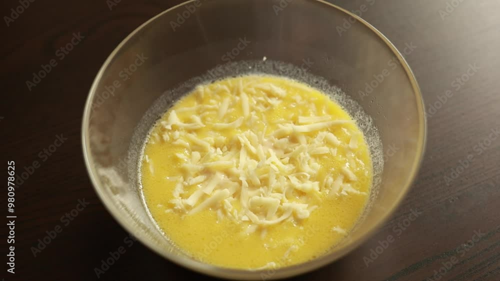 Combining Shredded Cheese with Egg Mixture in a Glass Bowl - Close-Up on Dark Background Combining Shredded Cheese with Egg Mixture in a Glass Bowl - Close-Up on Dark Background