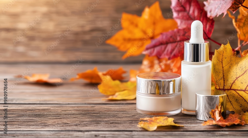 A close-up of skincare products on a wooden table adorned with autumn leaves, highlighting the importance of hydration during the crisp fall season. A close-up of skincare products on a wooden table adorned with autumn leaves, highlighting the importance of hydration during the crisp fall season.