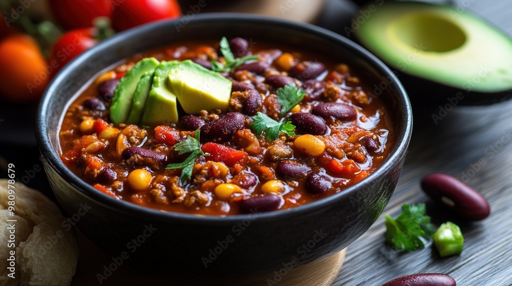 Spicy chili with fresh avocado on top Spicy chili with fresh avocado on top