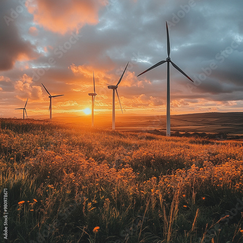 Sunset over wind turbines in vibrant field, showcasing renewable energy and natures beauty. scene captures essence of sustainability and tranquility.