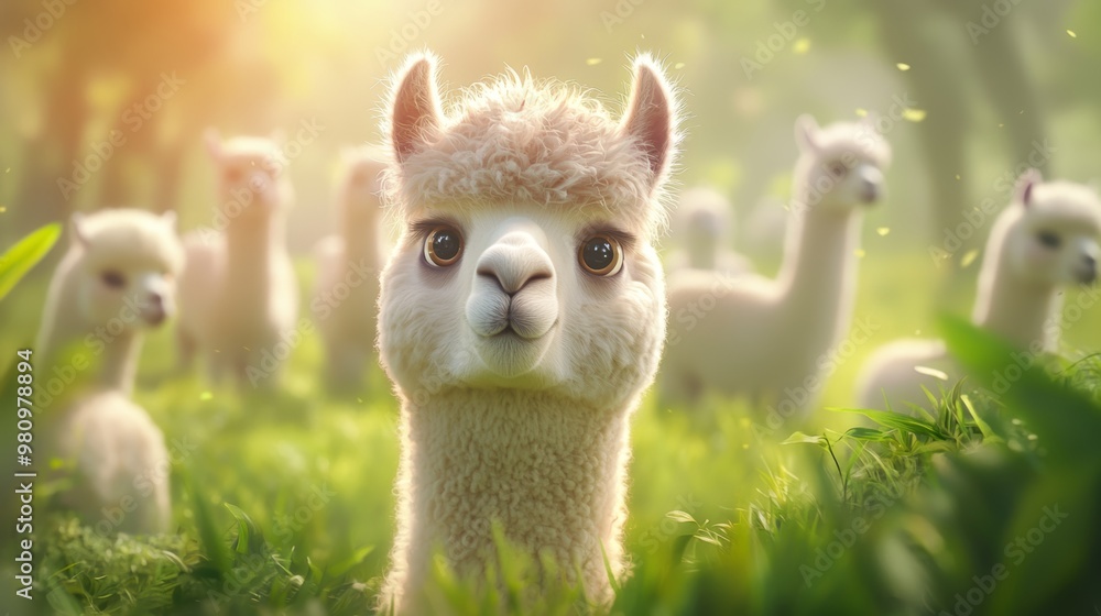 A flock of alpacas munching on grass in a sunlit pasture, with one alpaca gazing straight into the camera, surrounded by a sea of greenery and light. A flock of alpacas munching on grass in a sunlit pasture, with one alpaca gazing straight into the camera, surrounded by a sea of greenery and light.