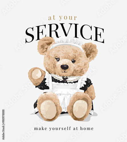 at your service slogan with girly bear doll in maid uniform vector illustration