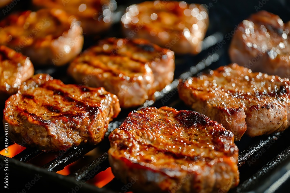 Rows of juicy steaks grilling on a hot charcoal grill, sizzling and emitting delicious aroma in an appetizing scene. Rows of juicy steaks grilling on a hot charcoal grill, sizzling and emitting delicious aroma in an appetizing scene.