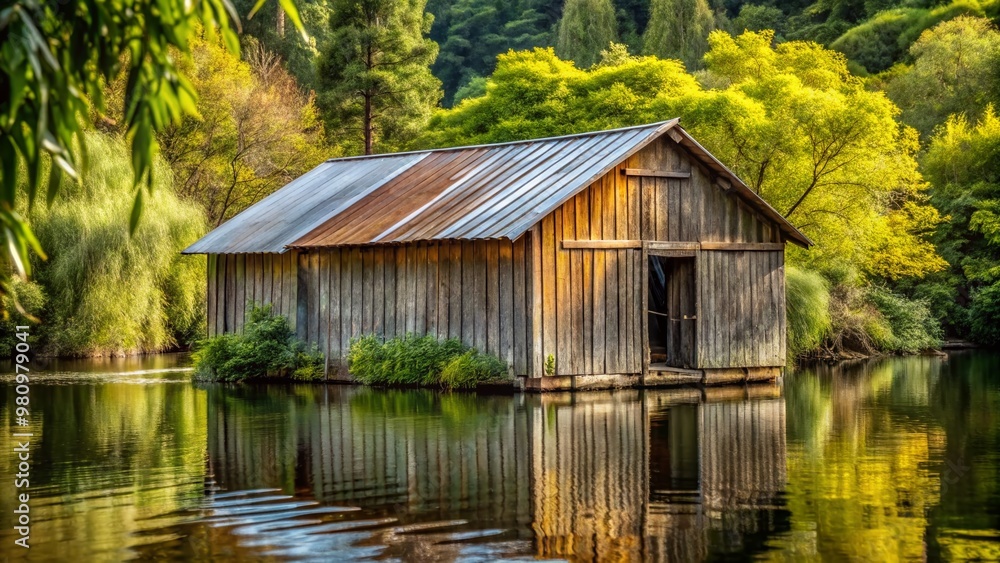 Rustic wooden boat shed with corrugated metal roof stands weathered and worn on a tranquil lake's edge, surrounded Rustic wooden boat shed with corrugated metal roof stands weathered and worn on a tranquil lake's edge, surrounded