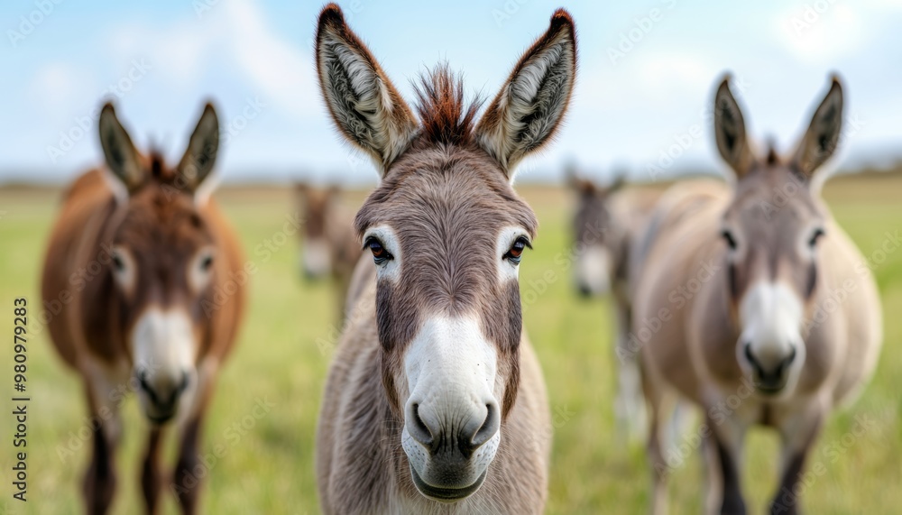 A herd of curious donkeys grazing in a field, with one donkey looking straight into the camera, surrounded by fresh green grass and the warmth of the sun. A herd of curious donkeys grazing in a field, with one donkey looking straight into the camera, surrounded by fresh green grass and the warmth of the sun.