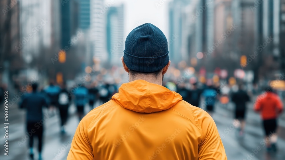 A runner wearing an orange jacket and blue hat views the city marathon from the back, capturing the urban sporting spirit. A runner wearing an orange jacket and blue hat views the city marathon from the back, capturing the urban sporting spirit.