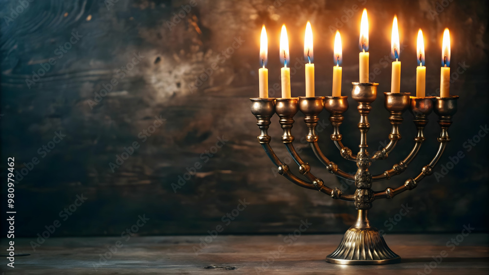 Glossy Hanukkah Menorah with Flickering Digital Flames on Dark Background - Modern Holiday Concept for Stunning Photo Stock Banners Glossy Hanukkah Menorah with Flickering Digital Flames on Dark Background - Modern Holiday Concept for Stunning Photo Stock Banners