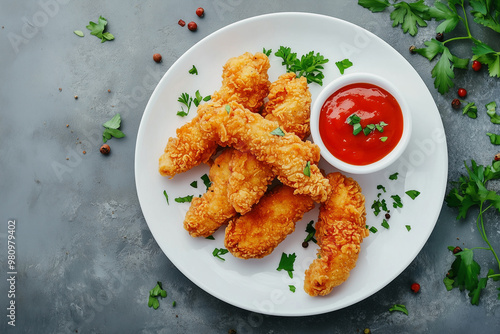 Delicious crispy fried chicken breast strips with tomato sauce on white plate, on concrete table, top view photo