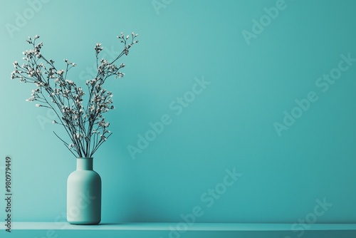 A serene image of a turquoise vase filled with branches and flowers against a turquoise wall, emphasizing tranquility.