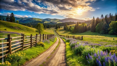 Rustic wooden fence lines a winding dirt road surrounded by lush green rolling hills, wildflowers, and towering trees