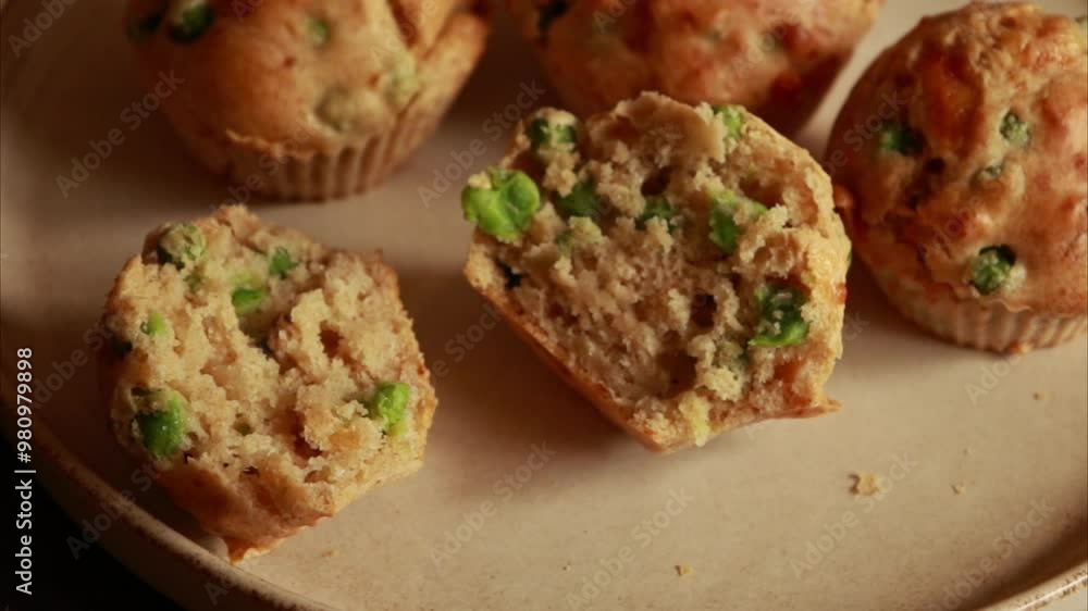 Healthy Delicious Muffin with Pea and Ham Close-Up Healthy Delicious Muffin with Pea and Ham Close-Up