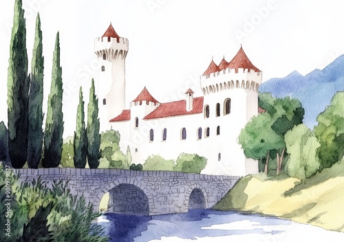 Hand-drawn illustration of a fairy tale castle in a colorful country with a girl and nutcracker crossing the magical bridge leading to a sweet palace