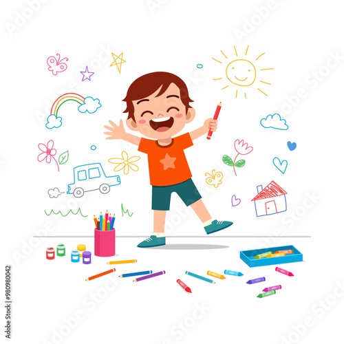 little kid drawing on wall with paint and feel happy