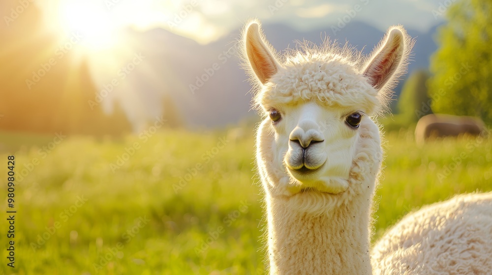 Fototapeta premium A peaceful alpaca happily grazing in a sunlit meadow, its ears perked up, symbolizing the serenity and joy of rural farm life.