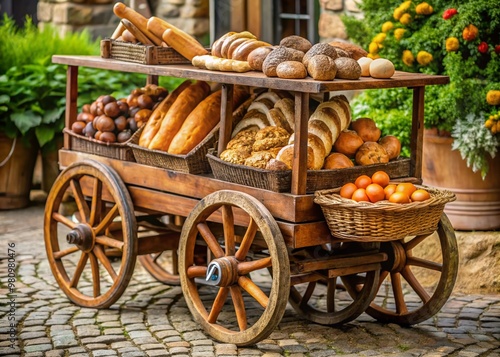 Rustic wooden wagon filled with freshly baked bread, pastries, and fruits, evoking a nostalgic sense of traditional photo