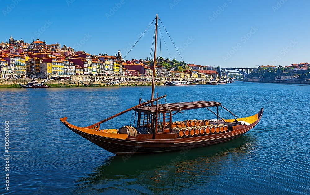 Photo of a traditional wooden game boat with wine circles on the water in Porto, Portugal Photo of a traditional wooden game boat with wine circles on the water in Porto, Portugal