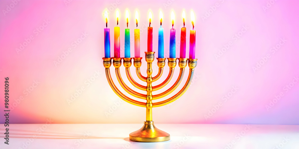 Vibrant Flat Glowing Menorah with Candles - Abstract Digital Art for Festive Hanukkah Celebrations, Perfect for Holiday Advertisements and Marketing Vibrant Flat Glowing Menorah with Candles - Abstract Digital Art for Festive Hanukkah Celebrations, Perfect for Holiday Advertisements and Marketing