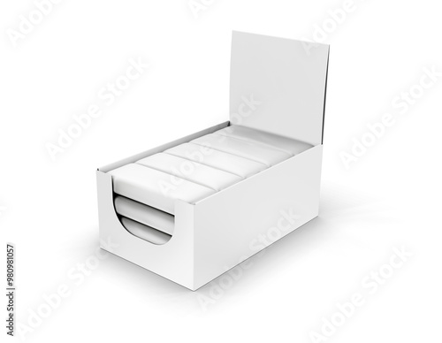 Mockup Display Holder Box Cardboard Filled Blank Empty. Chocolate, Protein Bar. Mock Up, Template. On White Background Isolated. Mockup Product Packing, 3d illustration, 3d rendering